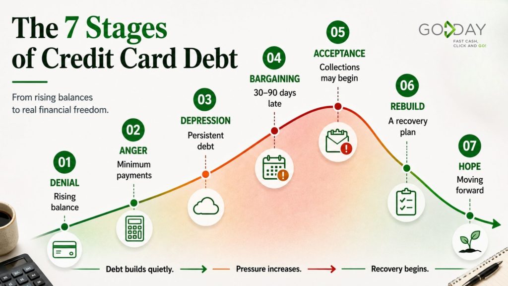 Infographic outlining the seven stages of credit card debt, from rising balances and minimum payments to debt recovery and rebuilding financial confidence