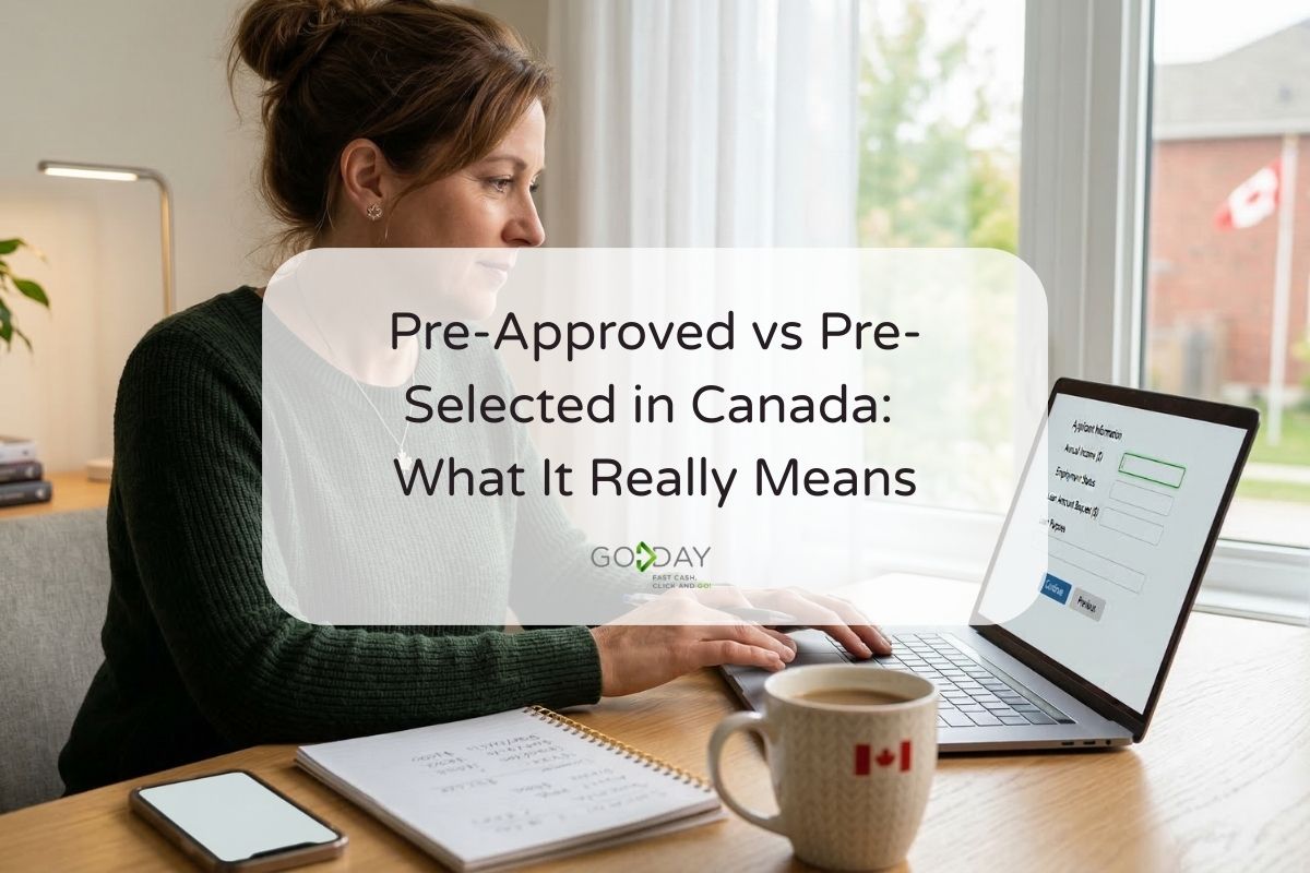 Canadian borrower completing a personal loan application online on a laptop at home while reviewing financial documents.