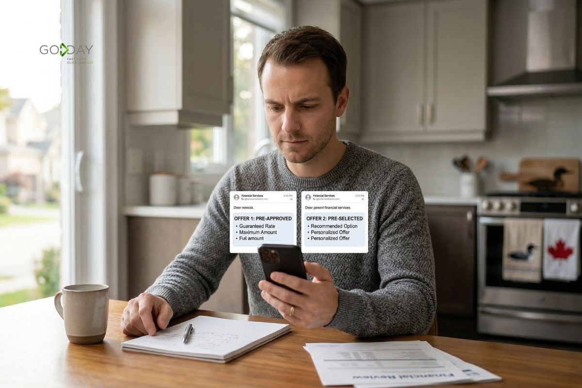 Canadian borrower reviewing and comparing pre-approved and pre-selected loan offers on a smartphone while managing finances at home.