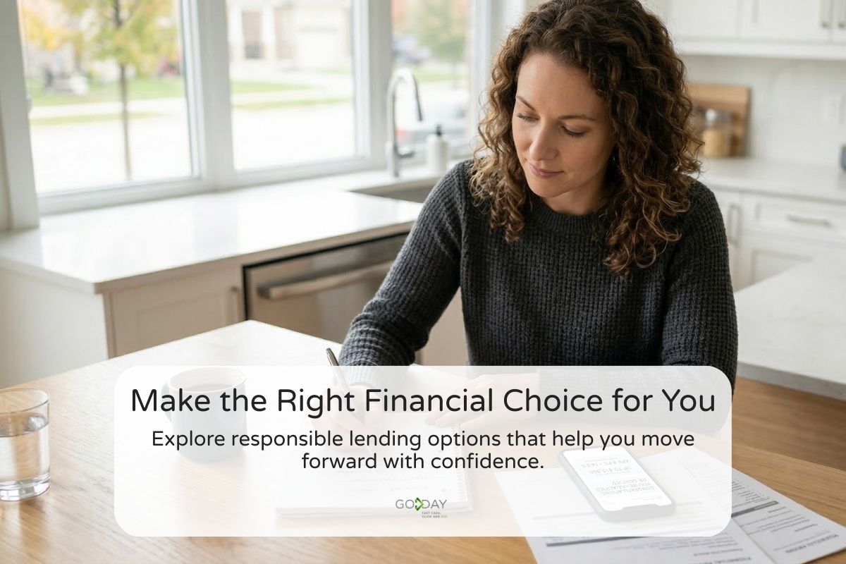 Canadian borrower reviewing personal finances and loan options at a kitchen table, representing financial confidence and responsible borrowing