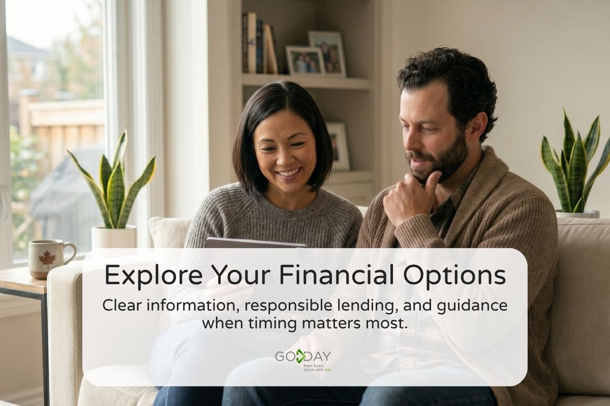 Couple sitting together at home reviewing financial information on a tablet, exploring budgeting and responsible lending options in Canada