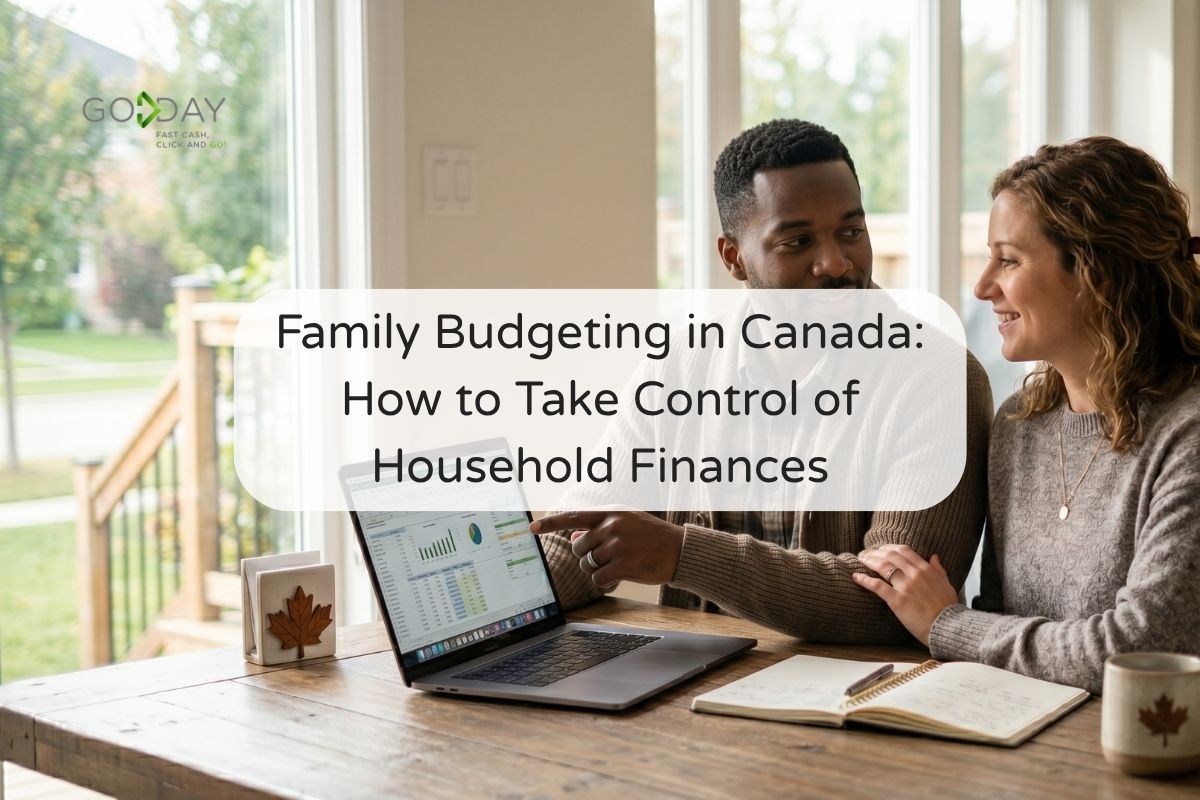 Couple sitting at a table reviewing a laptop with budgeting charts, discussing household finances and planning a family budget in Canada