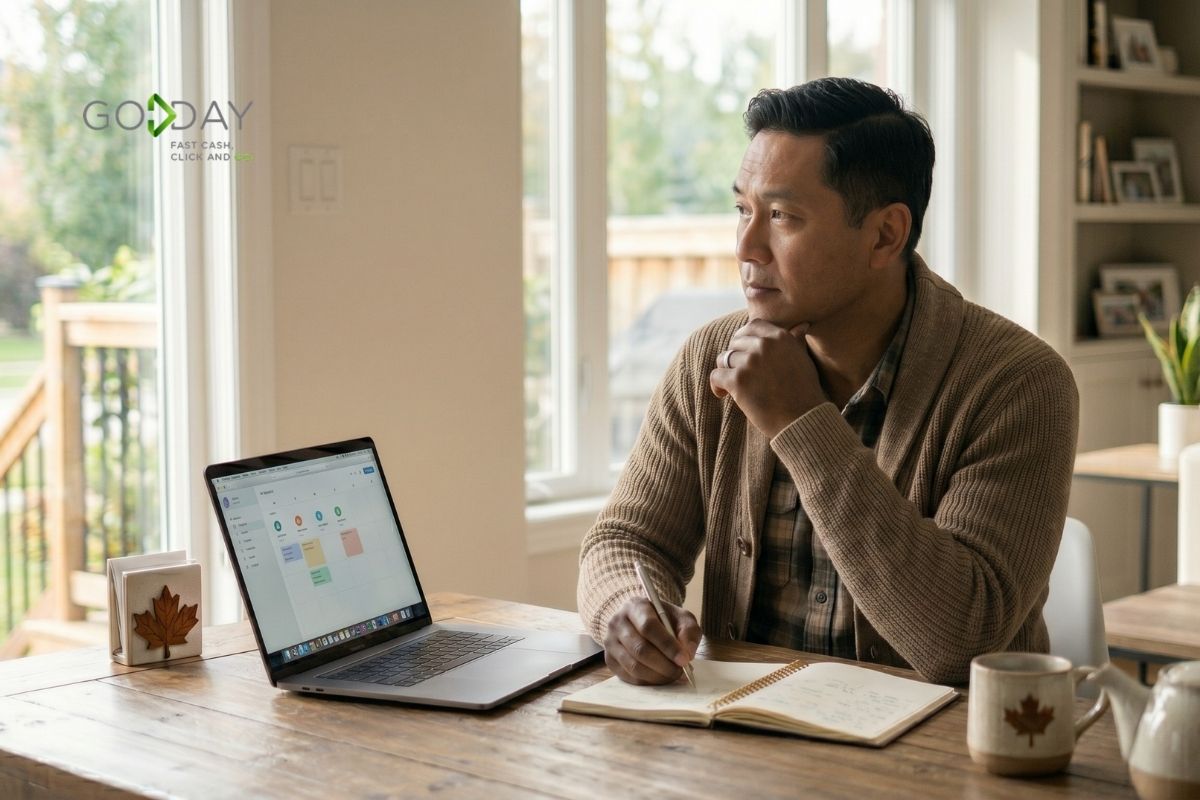Man sitting at a table with a laptop and notebook, reviewing finances and planning a household budget at home in Canada.