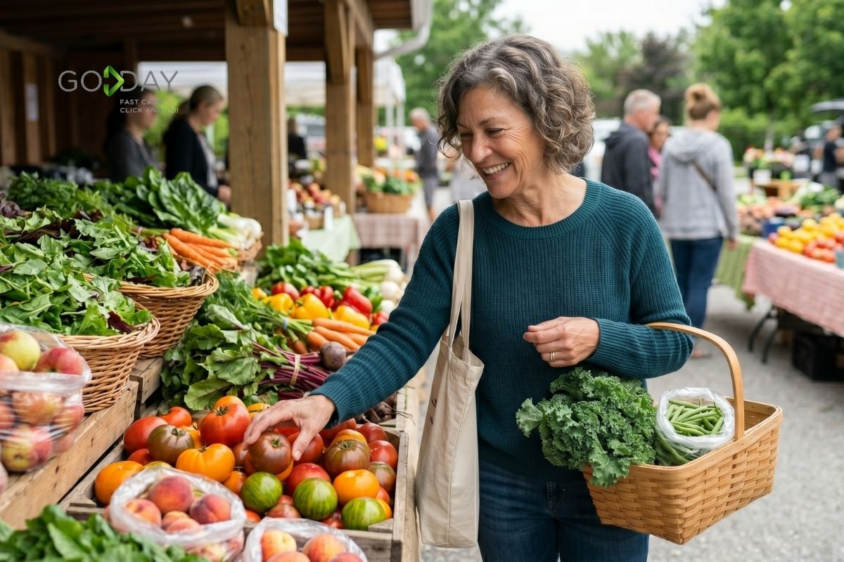 Woman shopping for fresh vegetables at a local farmers market, choosing affordable produce as part of a grocery budget strategy in Canada