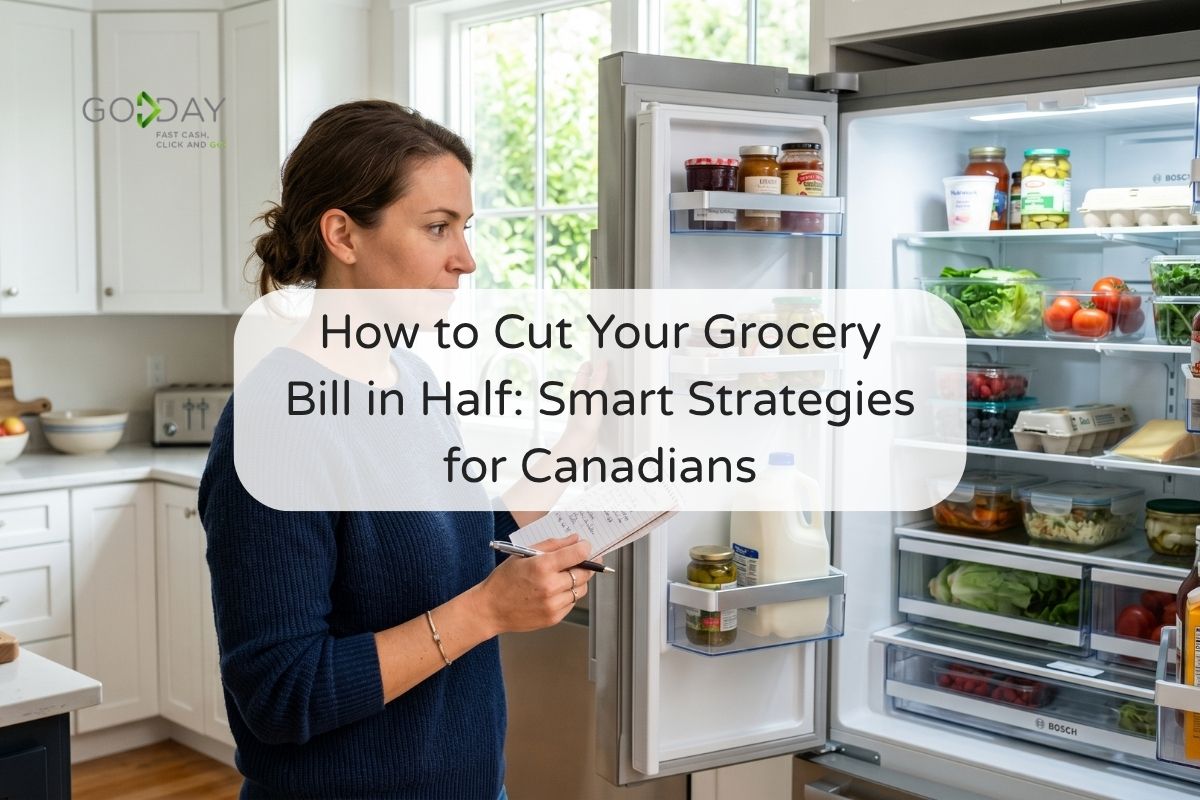 Woman checking items in her refrigerator with a grocery list, planning meals and finding ways to cut grocery costs in Canada.