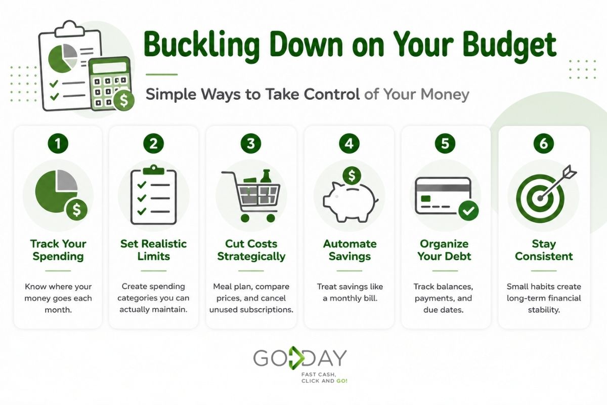 Infographic outlining practical budgeting tips for Canadians, including tracking spending, setting spending limits, cutting costs, automating savings, organizing debt, and staying consistent