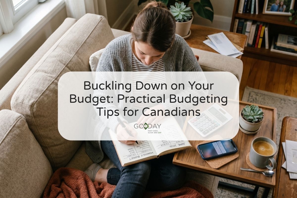 Woman sitting on a couch reviewing a household budget with a notebook, calculator, and smartphone, practicing personal budgeting and money management in Canada