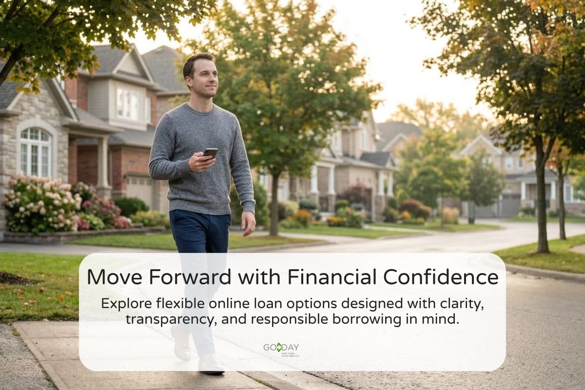 Canadian borrower walking through a suburban neighborhood while checking a smartphone, representing financial confidence and responsible borrowing