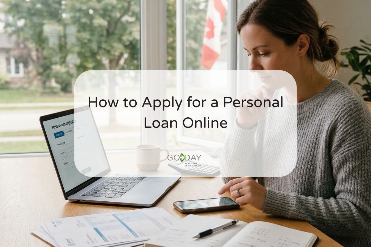 Canadian borrower completing a personal loan application online on a laptop while reviewing financial documents at home.