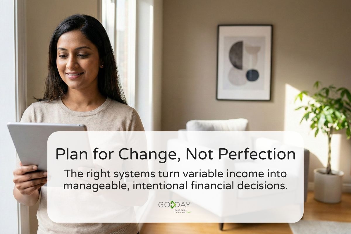 Person reading financial information on a tablet at home, reflecting a calm and flexible approach to managing variable income and making intentional financial decisions.