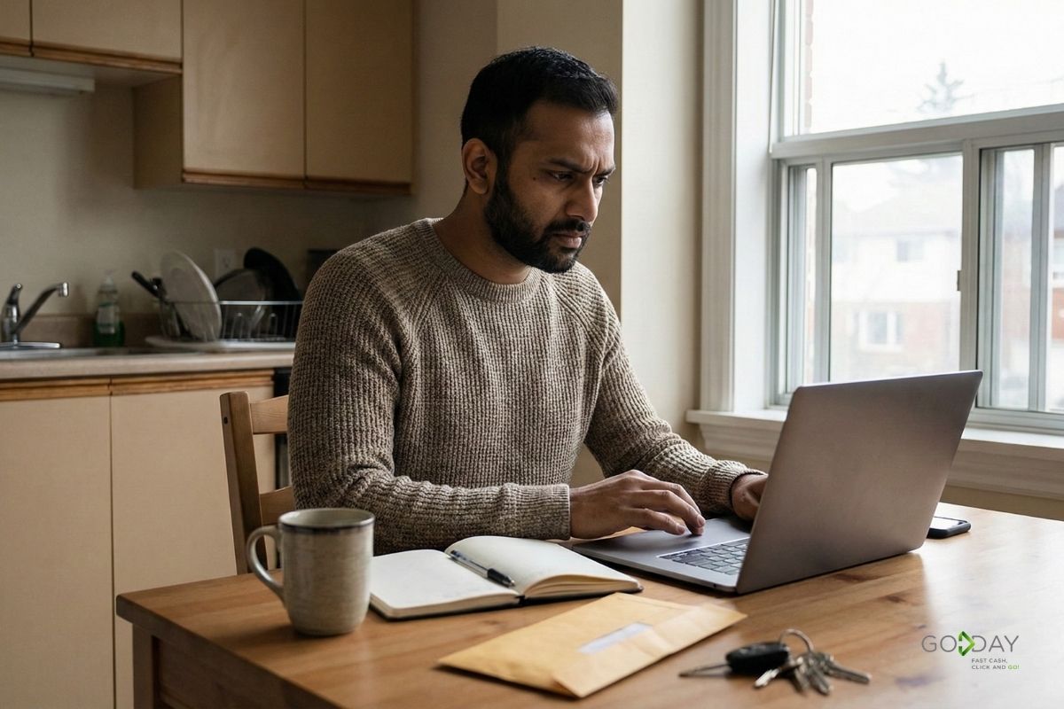  Person working on a laptop at a kitchen table with a notebook and bills, illustrating practical budgeting and financial planning for variable income.
