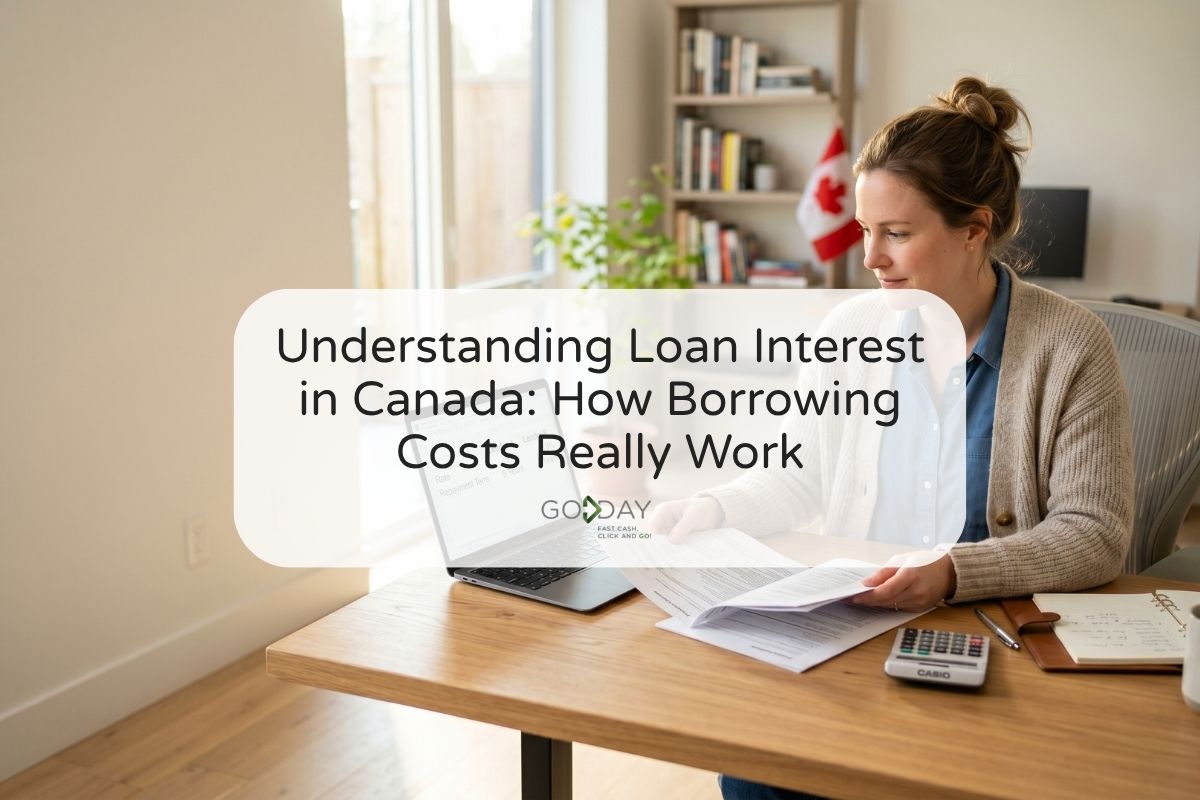 Woman reviewing loan documents, repayment information, and borrowing costs at a desk while learning how loan interest works in Canada.