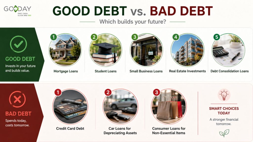 Good debt vs. bad debt infographic comparing mortgages, student loans, business loans, real estate, debt consolidation, credit cards, car loans, and consumer debt