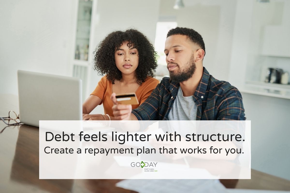 Couple reviewing finances together at home using a laptop and credit card, representing structured debt repayment and financial clarity with GoDay.