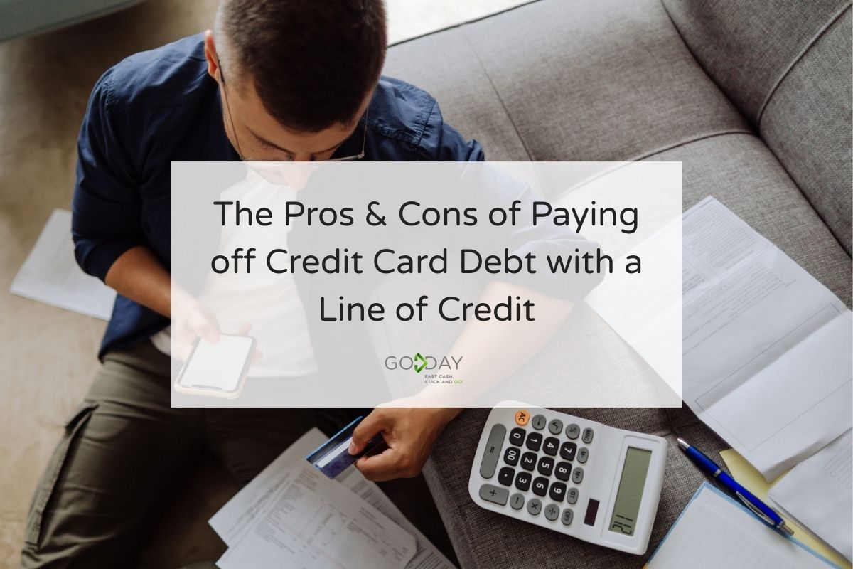 Person reviewing bills and credit card statements with a calculator, illustrating the pros and cons of using a line of credit to pay off credit card debt in Canada