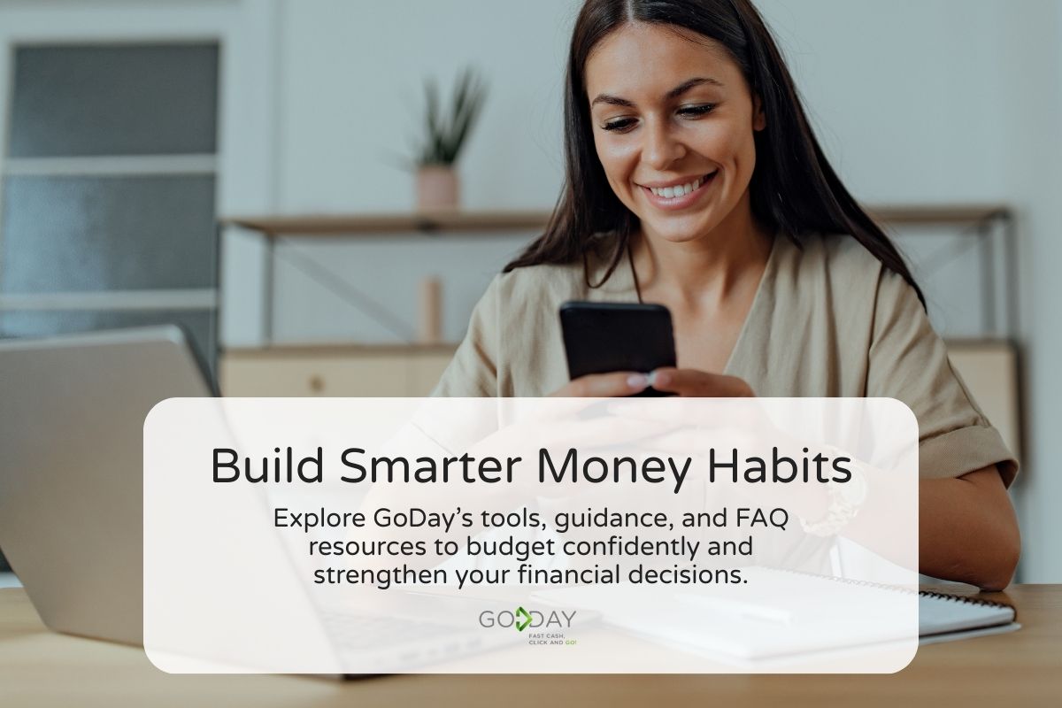Woman using smartphone and laptop to manage budget and build smarter money habits with financial tools.