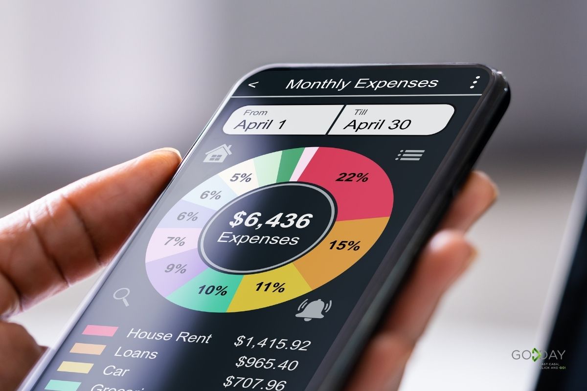 Close-up of smartphone showing monthly expenses chart in a budgeting app for tracking personal finances.
