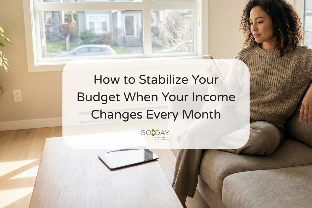 Person sitting in a bright living room with a tablet, representing strategies to stabilize a budget when income changes every month.