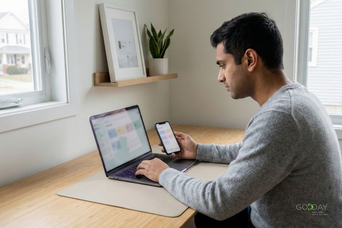Person reviewing finances on a laptop and smartphone at a home desk, illustrating practical budgeting and income tracking for variable monthly income.