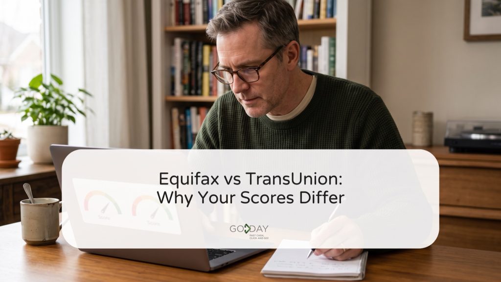 Man in glasses at a home desk comparing two credit score gauges on his laptop, under the title Equifax vs TransUnion: Why Your Scores Differ