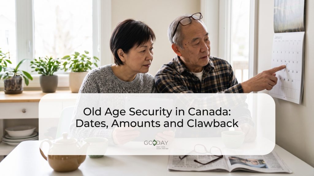 Senior couple at a kitchen table reviewing a bank deposit on a tablet beside a paper calendar, under the title Old Age Security in Canada