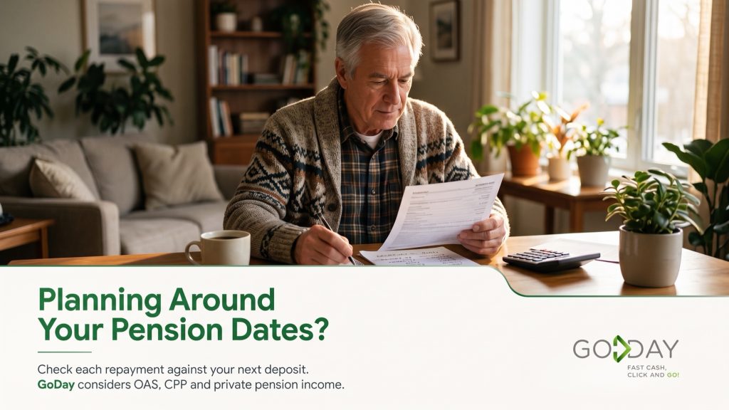 Retired man at a desk comparing his monthly pension deposits with a list of household bills, with the headline Planning Around Your Pension Dates