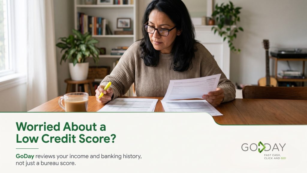 Woman at a dining table reviewing printed credit reports with a yellow highlighter, with the headline Worried About a Low Credit Score