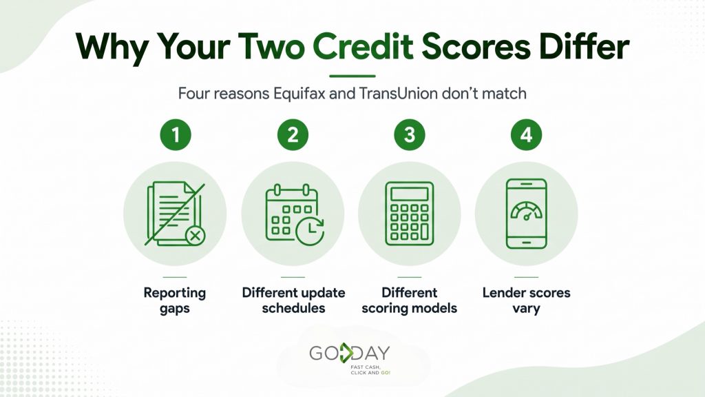 Infographic showing four reasons Equifax and TransUnion credit scores differ in Canada: reporting gaps, update schedules, scoring models, and lender scores