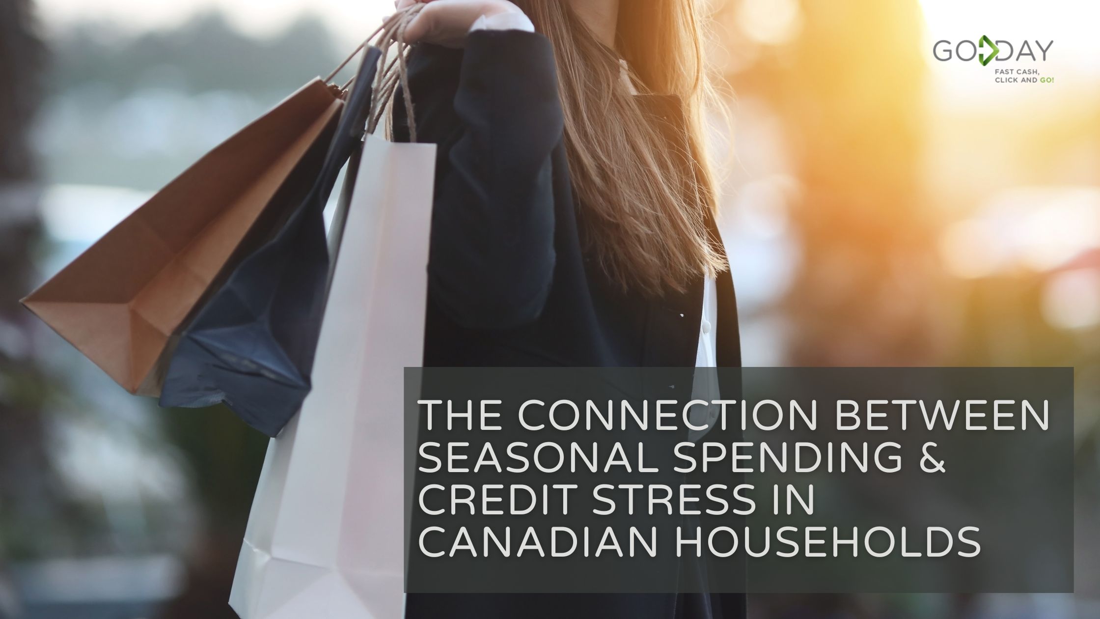 Woman carrying multiple shopping bags outdoors, representing the link between seasonal spending habits and rising credit stress among Canadian households.