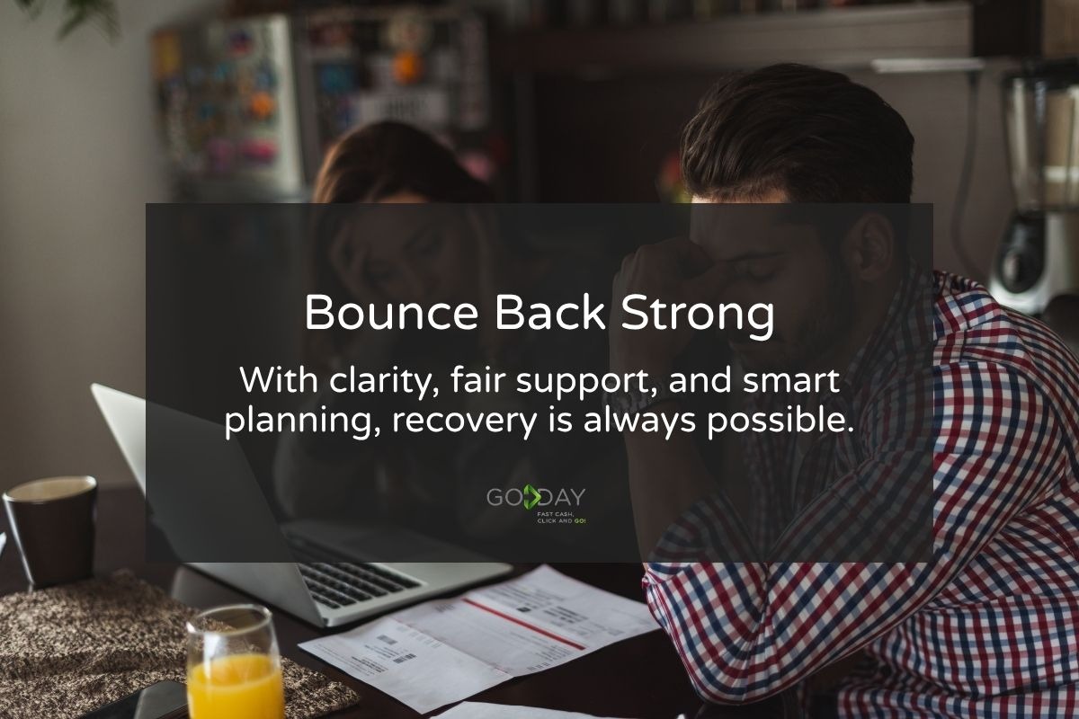 A worried man sitting at home with overdue bills and a laptop, illustrating financial stress and strategies to recover after missed payments.