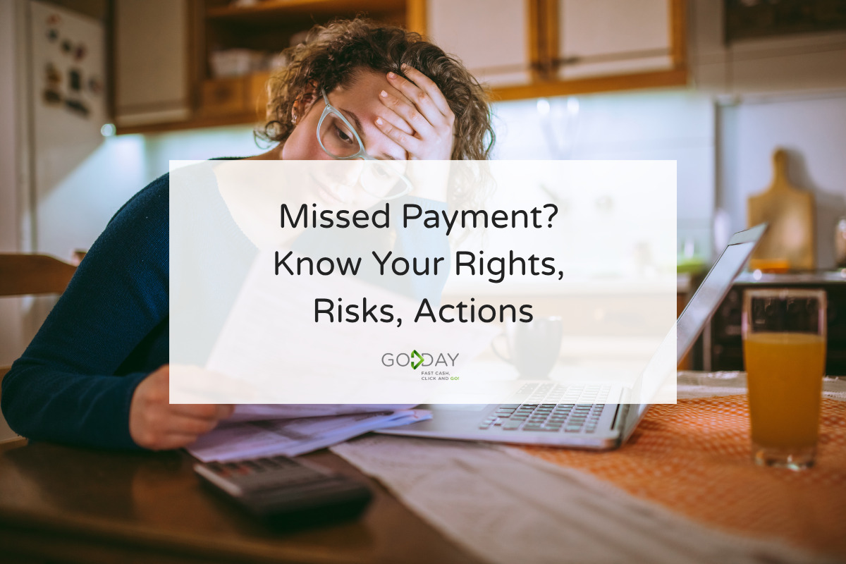A stressed woman reviewing bills at her kitchen table while working on a laptop, representing missed loan payments and understanding rights and risks.