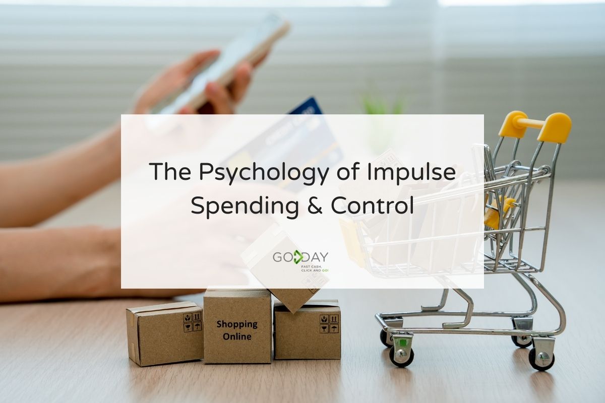 : A person shopping online with a phone, credit cards, and a small cart symbolizing impulse spending for a GoDay financial wellness blog.