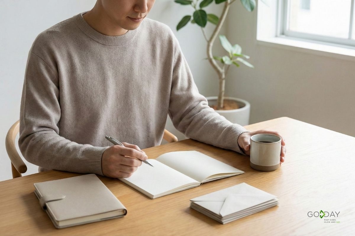 Person writing in a notebook while reviewing finances at a desk, illustrating intentional budgeting and planning for variable income.
