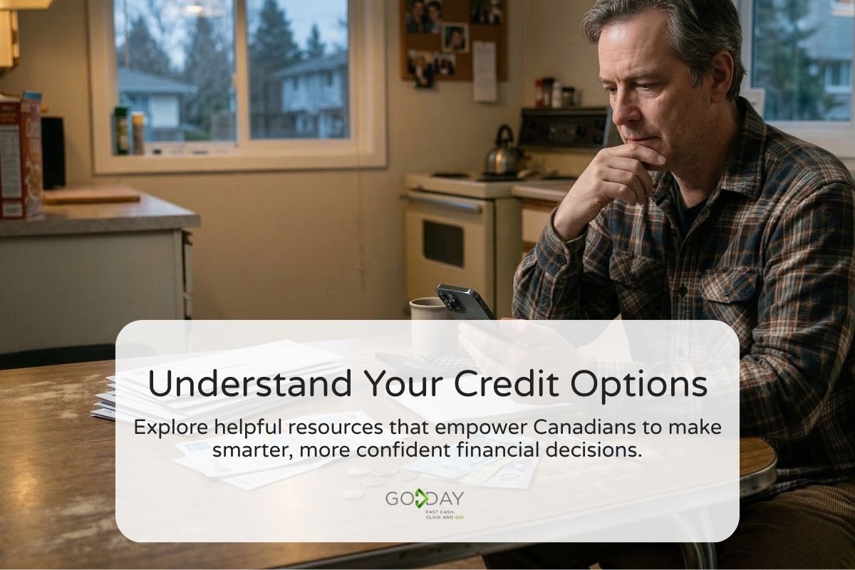 Canadian borrower reviewing financial documents and checking a smartphone while considering different credit options.
