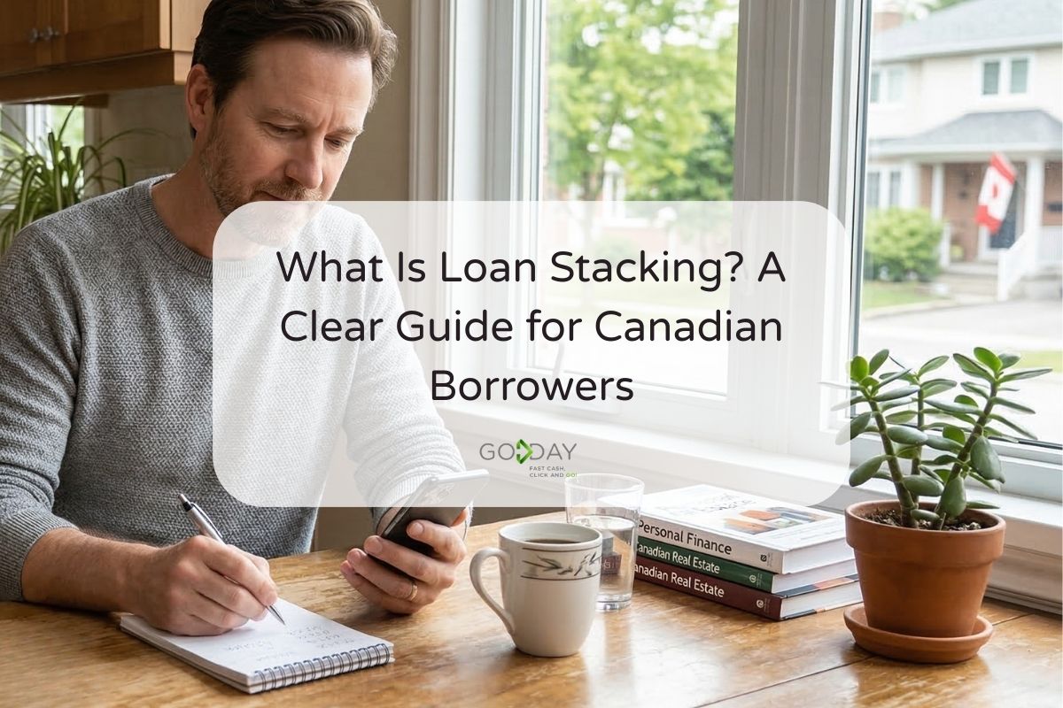 Canadian borrower reviewing finances and using a smartphone at a kitchen table, illustrating the concept of loan stacking and managing multiple loans
