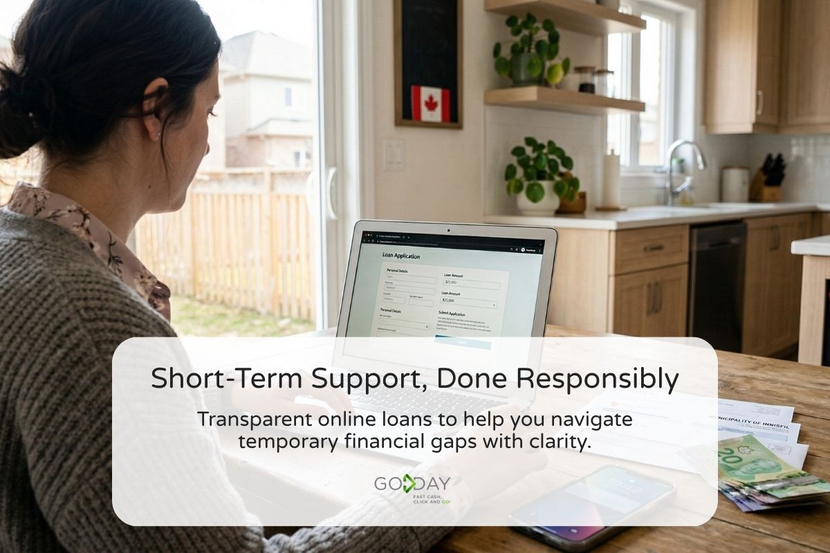 Woman sitting at a kitchen table in a Canadian home applying for an online loan on a laptop, with bills and cash nearby, representing responsible short-term financial support