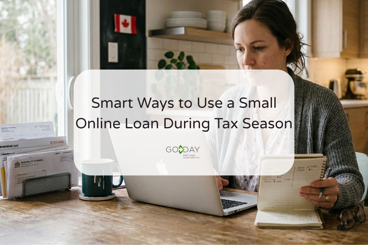 Woman at home in Canada reviewing bills and using a laptop during tax season, managing finances and exploring small online loan options for short-term financial support
