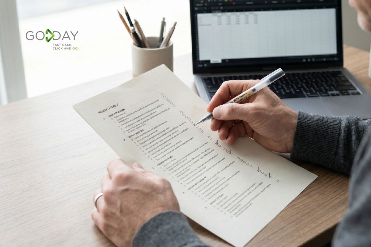 Person reviewing and checking off a financial checklist beside a laptop, representing planning and preparation for a consumer proposal in Canada.