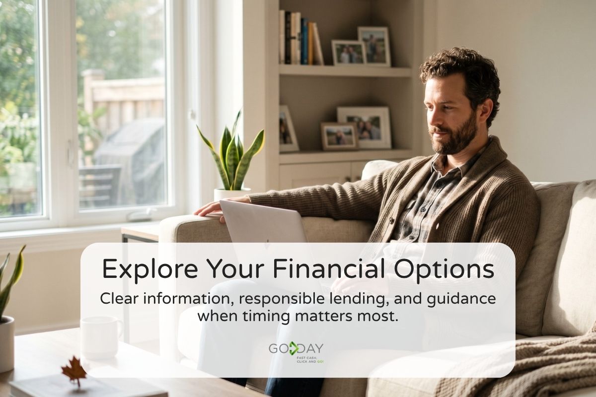 Man sitting on a couch at home using a laptop to review financial options, representing responsible lending and personal finance guidance in Canada
