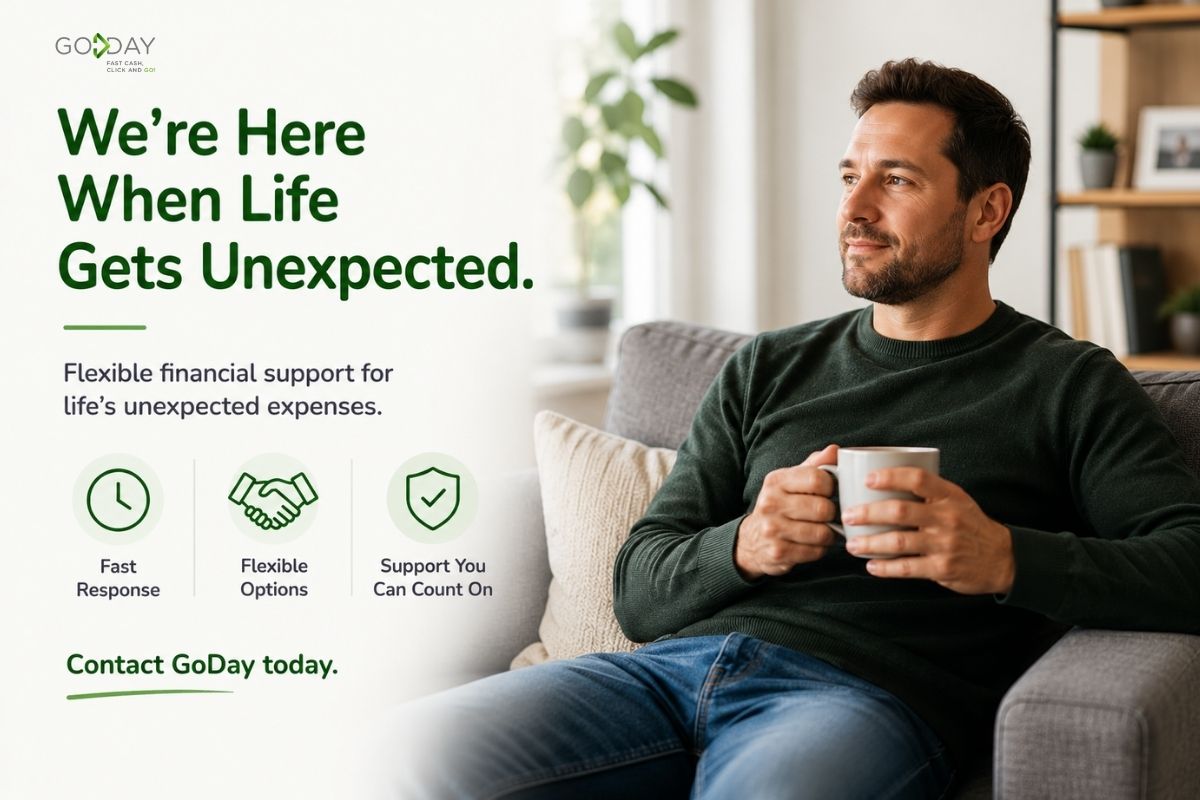 Man relaxing at home with a coffee while exploring financial support options for unexpected expenses, representing flexible short-term financial solutions for Canadians