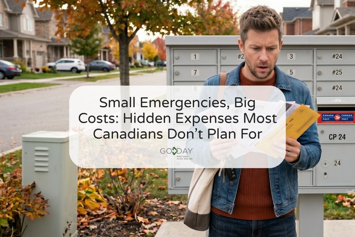 Man checking mail and unexpected bills at a community mailbox, representing hidden expenses and financial emergencies that Canadians may not plan for.