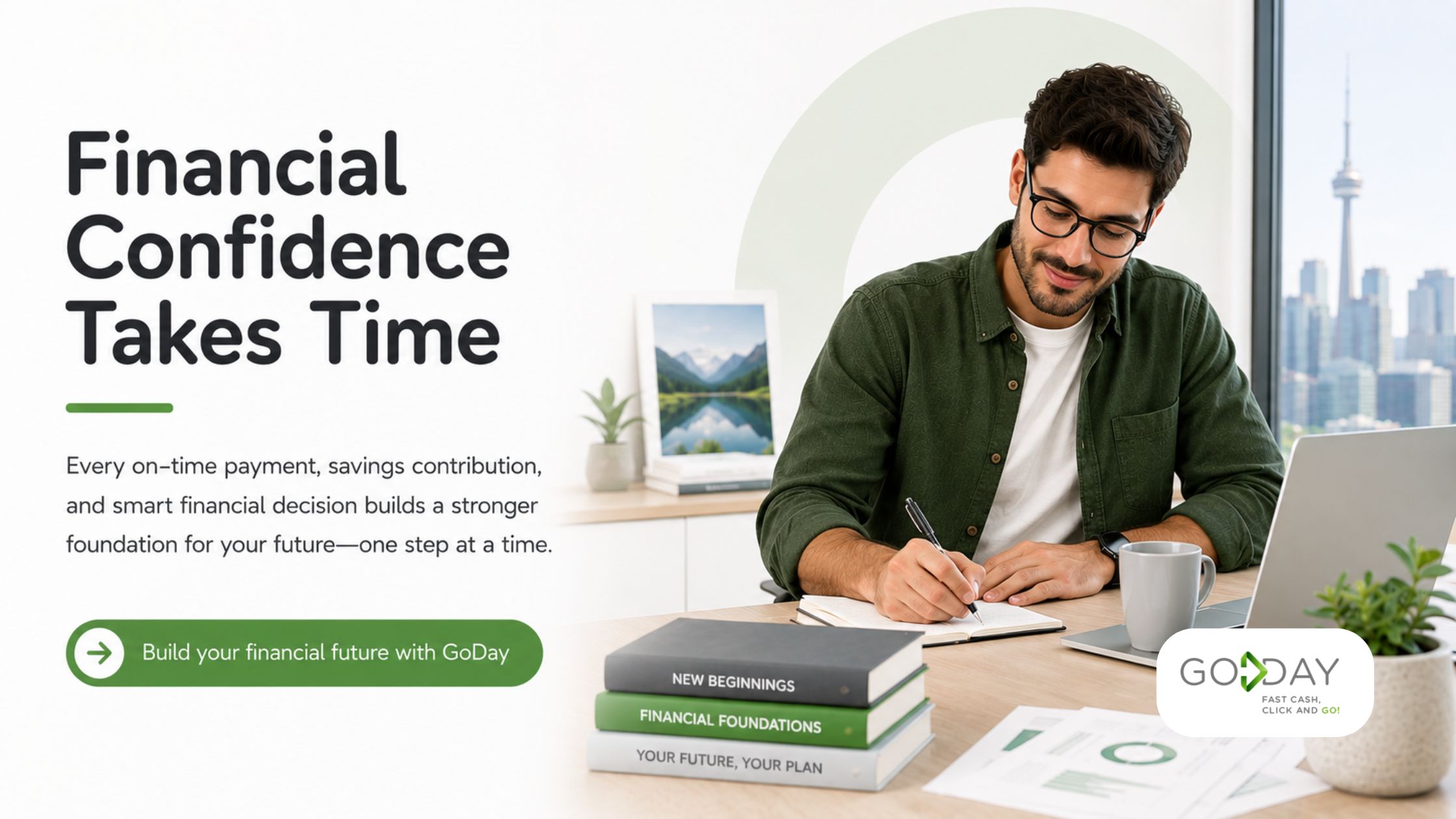 Man working at a desk with financial documents and a laptop, building long-term financial confidence through responsible credit habits and smart financial planning in Canada