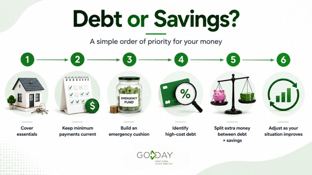 Infographic showing a practical order for balancing debt repayment and savings in Canada, from covering essentials and minimum payments to building an emergency fund and paying down high-cost debt