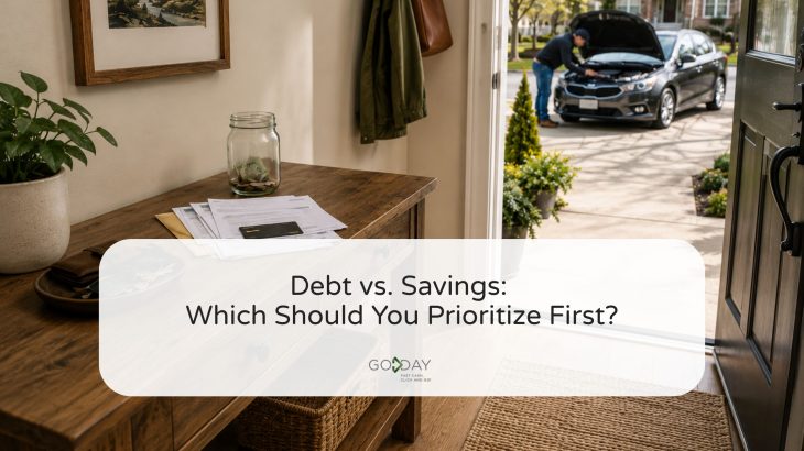 Canadian homeowner reviewing bills and savings while facing an unexpected car repair, illustrating the decision between paying down debt and maintaining emergency savings.