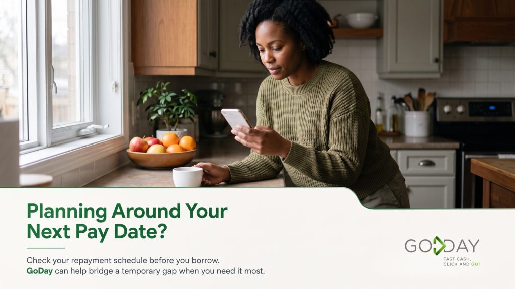 Woman at a kitchen counter checking a calendar on her phone beside a coffee cup, with the headline Planning Around Your Next Pay Date