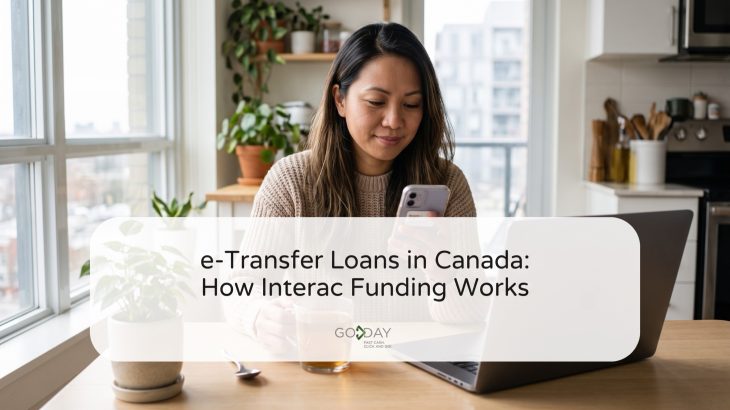 Woman at a kitchen table checking a deposit notification on her phone beside an open laptop, under the title e-Transfer Loans in Canada