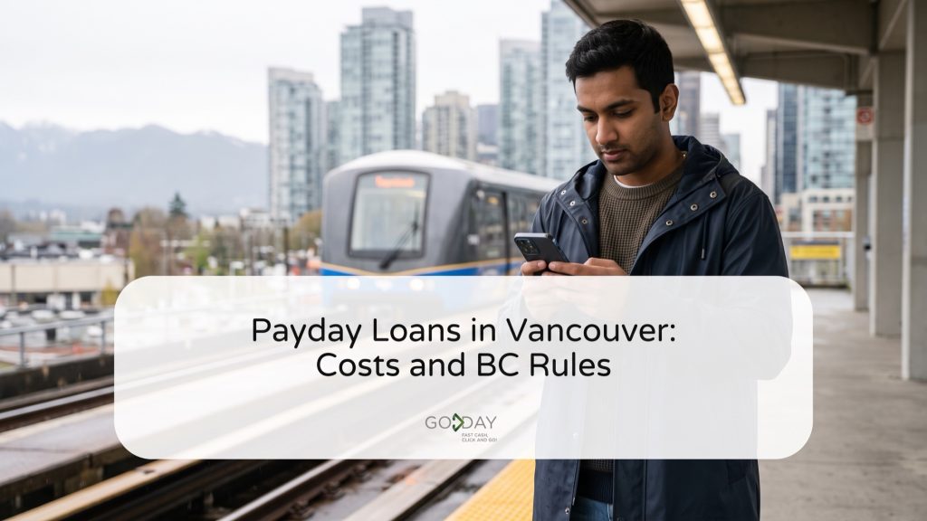 Commuter on a Vancouver SkyTrain platform checking his phone, with downtown towers and the North Shore mountains behind him
