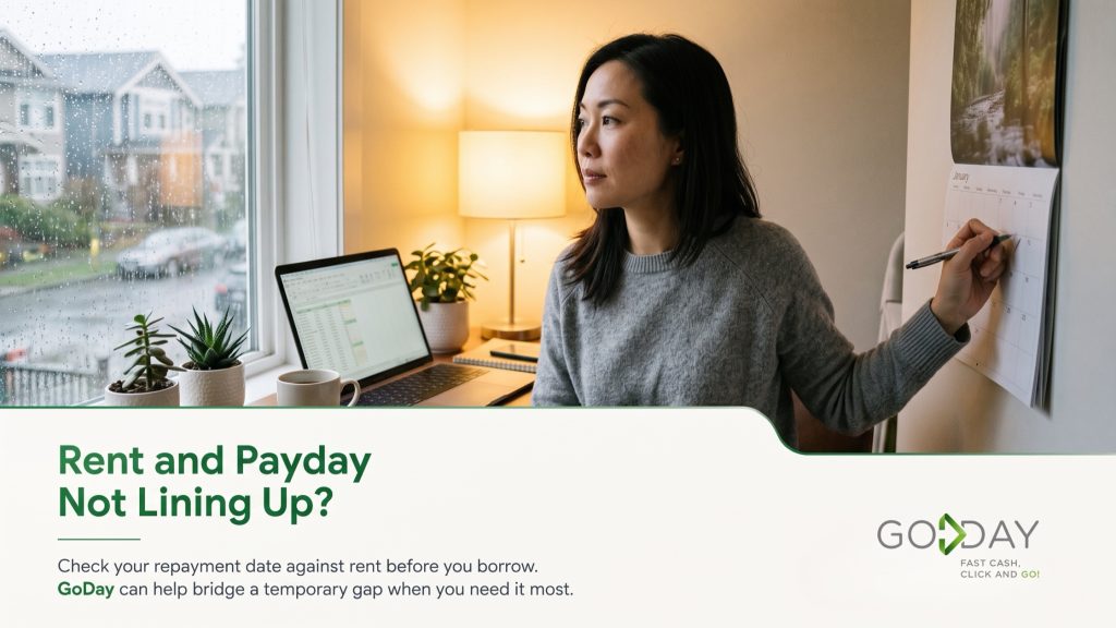 Woman in a Vancouver apartment marking a wall calendar beside a laptop spreadsheet, with the headline Rent and Payday Not Lining Up