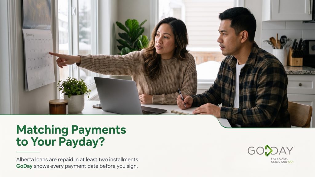 Couple at a kitchen table in a Calgary home comparing a repayment schedule on a laptop with a wall calendar, with the headline Matching Payments to Payday
