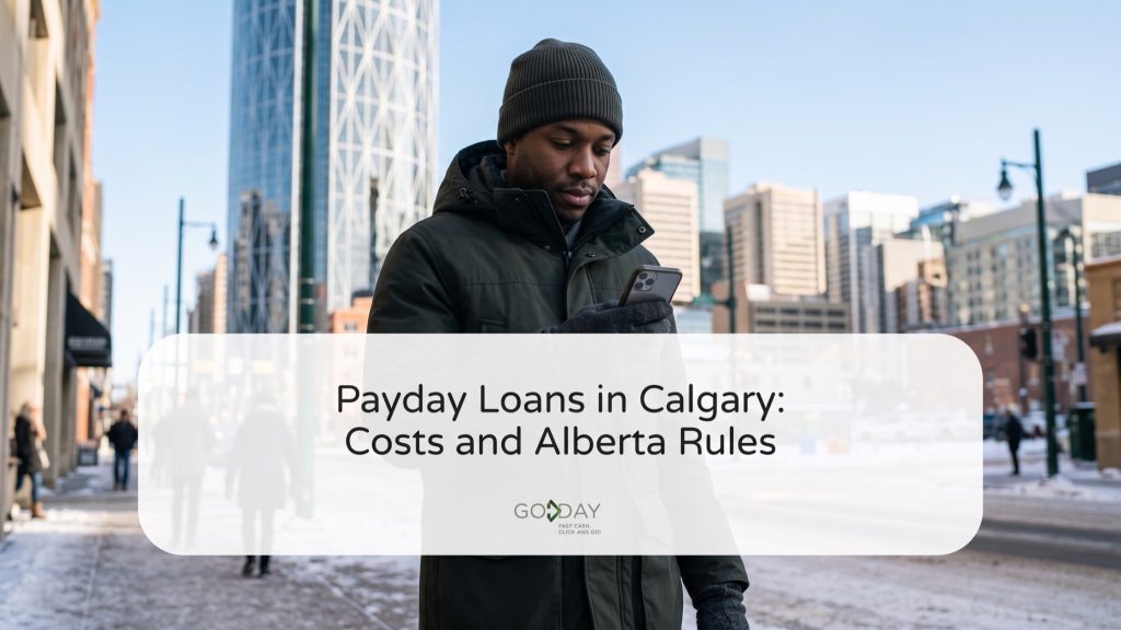 Man in a winter jacket on a Calgary street checking his phone, with the downtown skyline and the Bow Tower behind him, under the title Payday Loans in Calgary